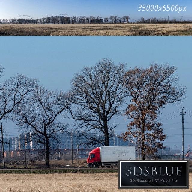 Countryside panorama of new buildings and trees