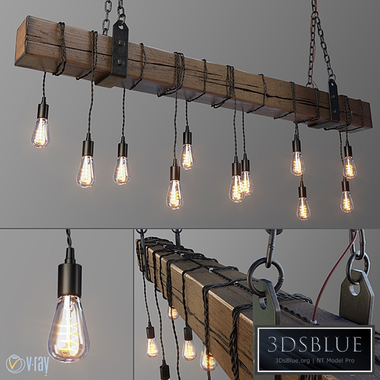 Wood Beam Chandelier With Vintage Style Edison Bulbs