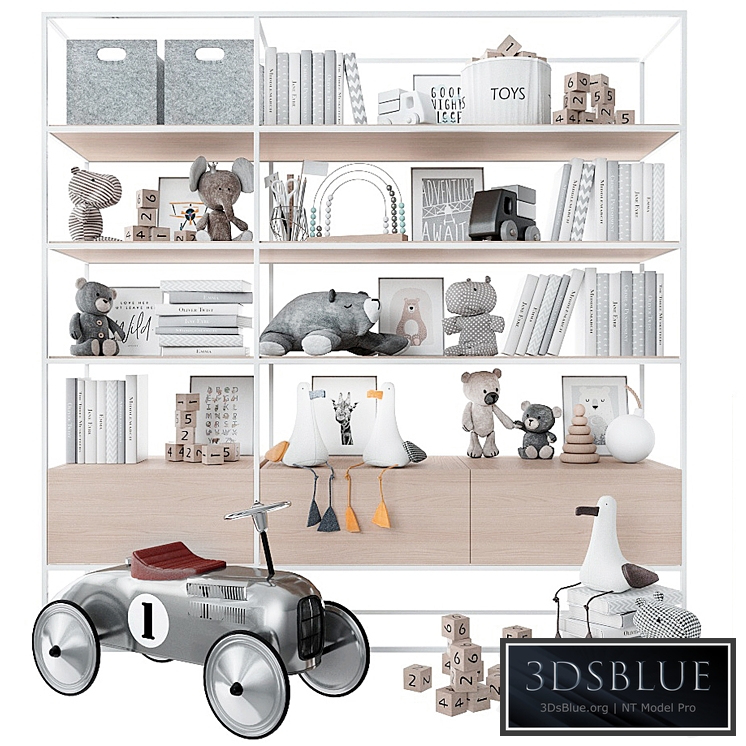 Bookcase with toys and books.