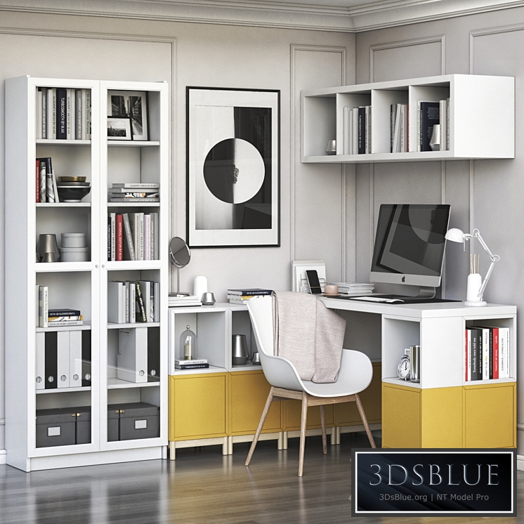 IKEA corner workplace with EKET storages and BILLY OXBERG bookcase