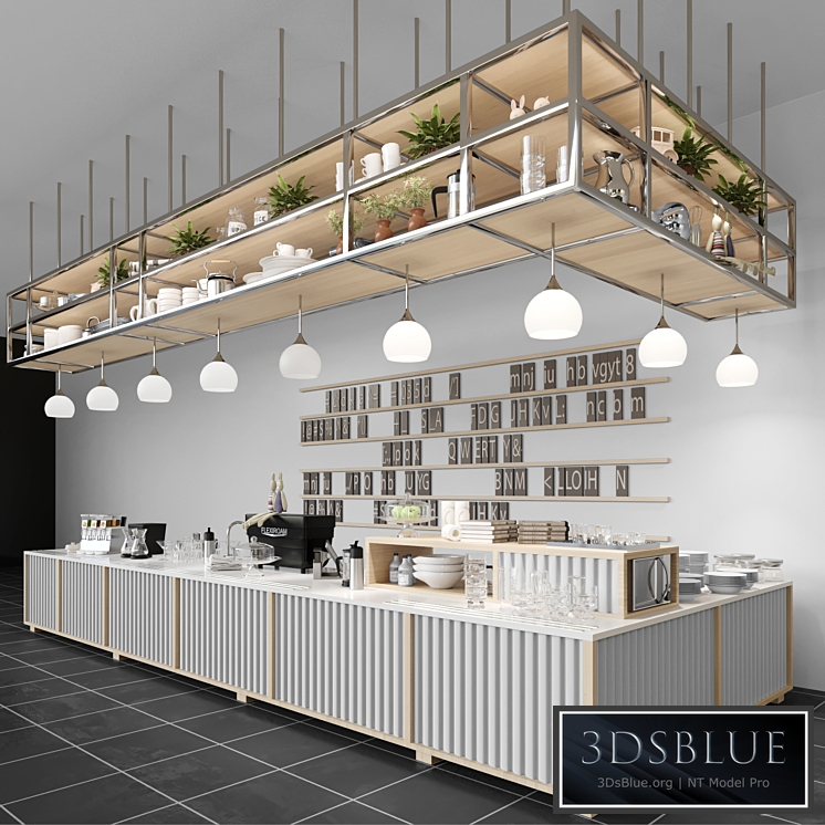Design project of a coffee house in loft style with a coffee machine and dishes. Cafe
