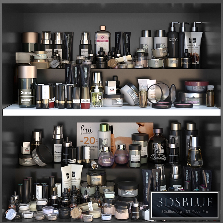 Shelf with a set of cosmetics for beauty salons, shops or dutifree. Make up