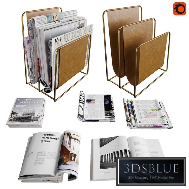 Newspaper box and set of magazines and newspapers