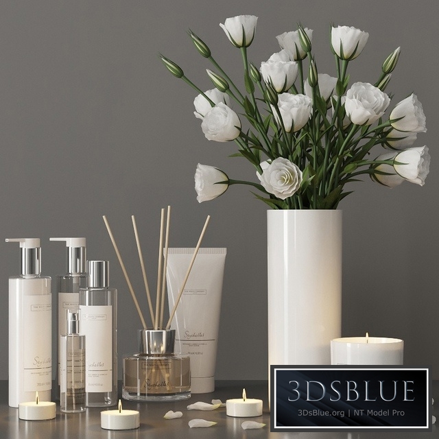Decorative set with a bouquet of lisianthus and cosmetics