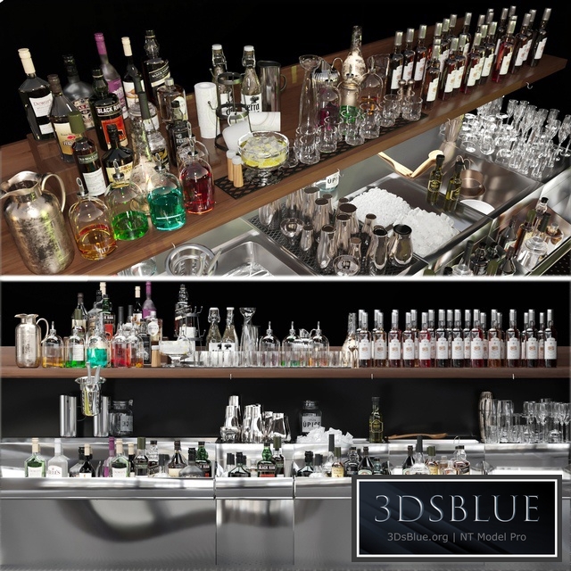 Bar counter with elite alcohol and cocktails. The pub