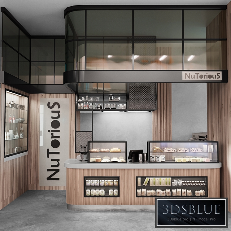 Design project of a cafe with a showcase of desserts and sweets. panel