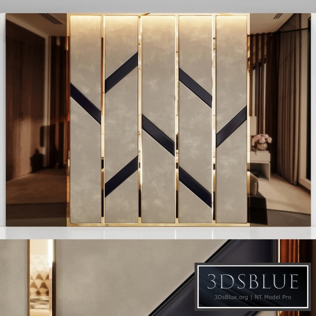 Headboard made of bronze mirror and soft beige panels