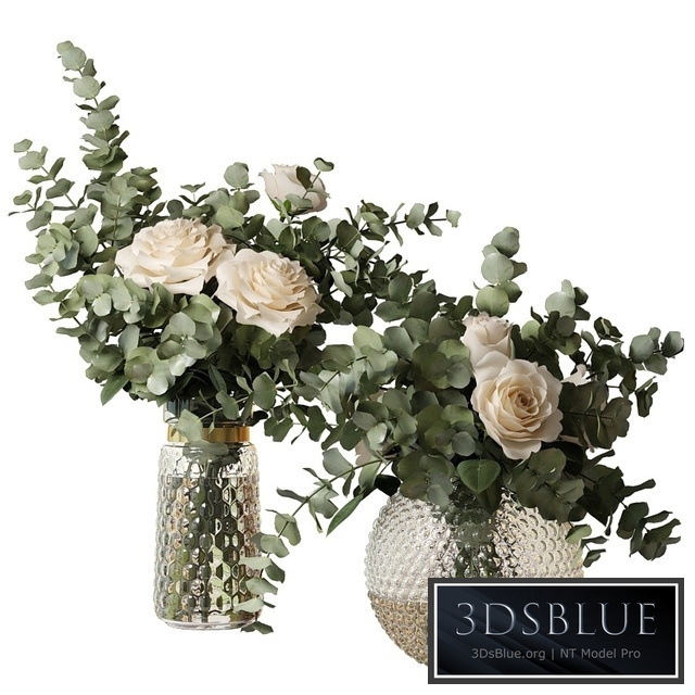 Two bouquets of roses and eucalyptus branches in glass mottled vases