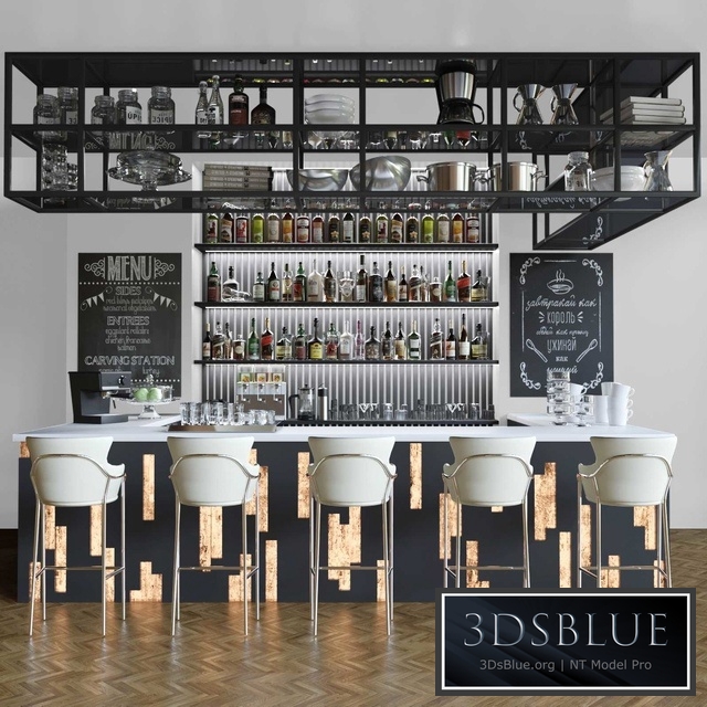 Design project of a restaurant with a bar counter and cocktails. Alcohol