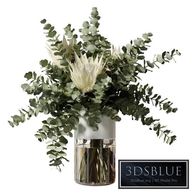 Bouquet with three white proteas and eucalyptus branches in a glass vase