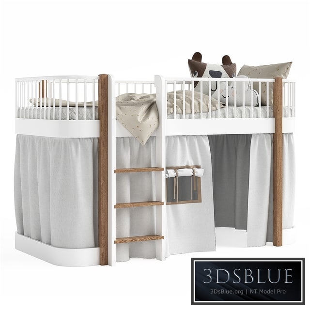 White and Oak Wood Low Loft Bed by Oliver