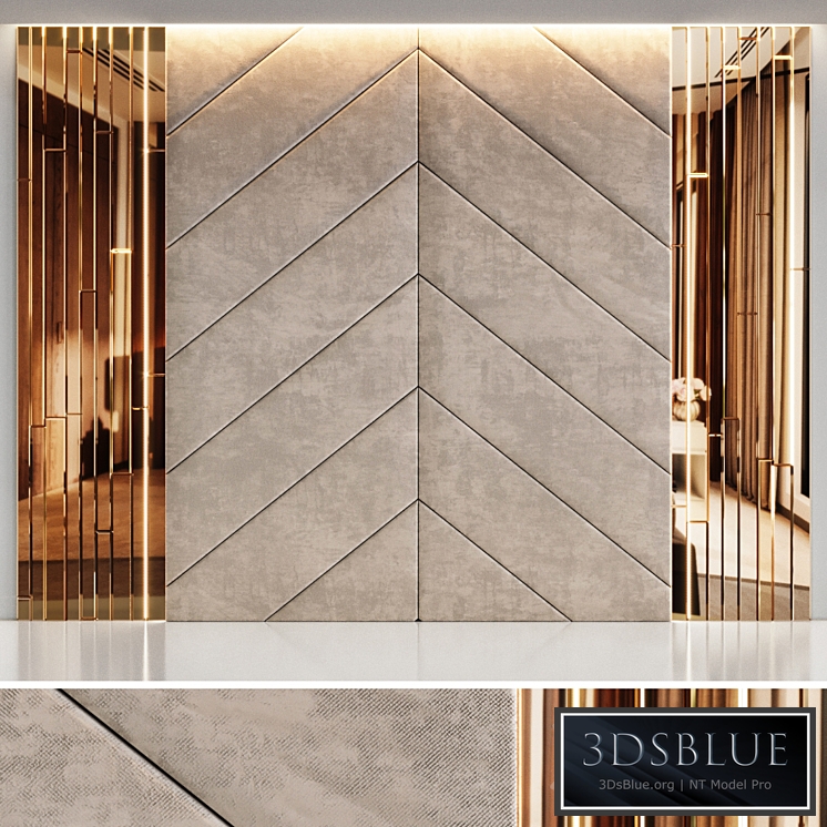 Headboard made from beige panels and gold planks