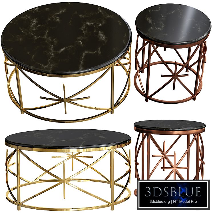 Alvaro Black Marble Coffee Table / Rose Gold Side Table Set