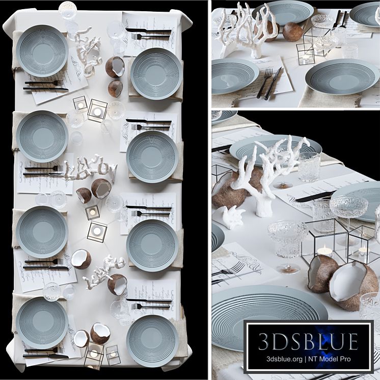Table setting with collectible crockery, candles and marine-style corals