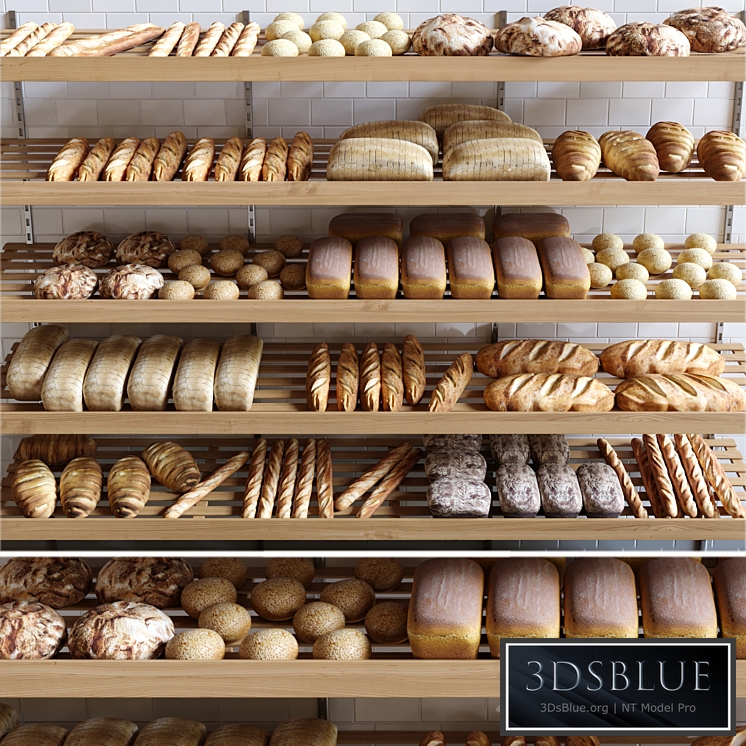 Rack with pastries in a bakery with bread, loaf and buns.