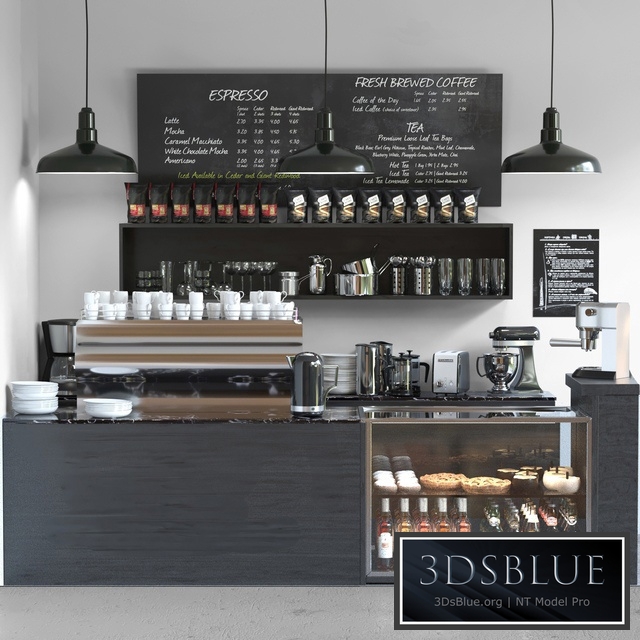 Cafe in minimalist style with a refrigerator with sweets and low-alcohol drinks