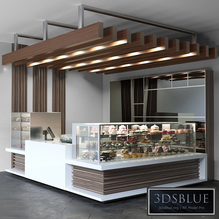 Design project of a coffee point with a confectionery showcase and desserts. Cafe