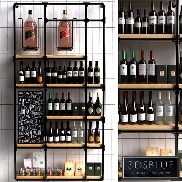 Wine shelf in a loft-style supermarket with a collection of red wine. Wine