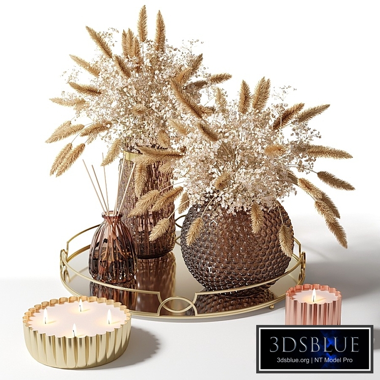 Two bouquets of white flowers and dry herbs with candles