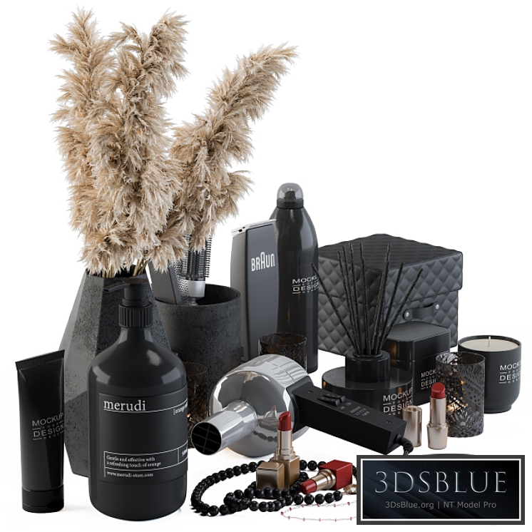 Bathroom Decor Set 05 - Black Set with pampas Plant