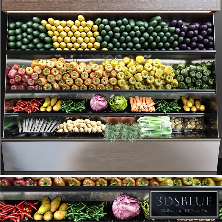 Showcase in a supermarket with fresh fruits and vegetables. Food