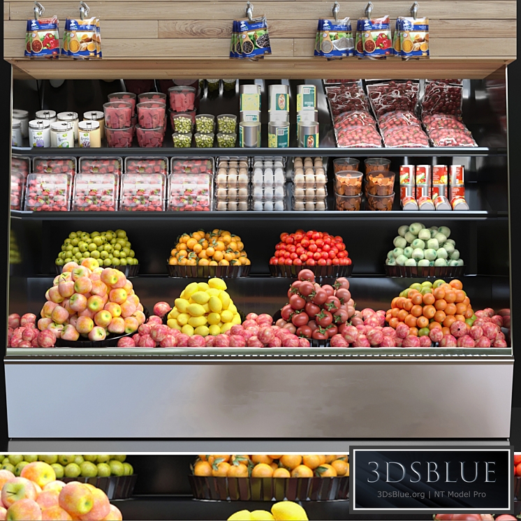Showcase in a supermarket with fruits and vegetables. Fruits and vegetables