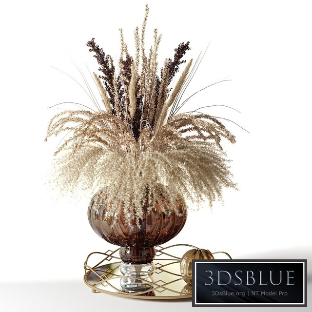 A bouquet of dried flowers in a pot-bellied brown vase on a tray