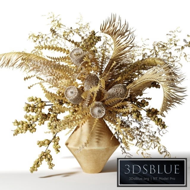 Bouquet of dried flowers with palm leaves, bankxia and walnut branches