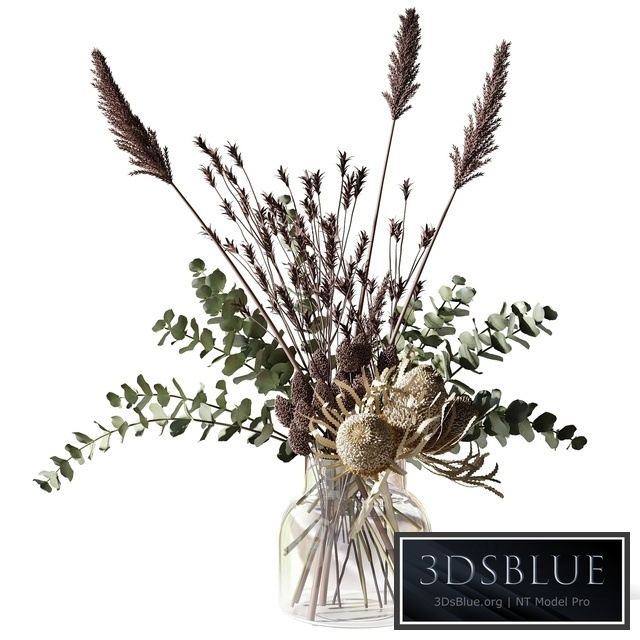 Bouquet with eucalyptus, bankxias and tall grass in a glass vase