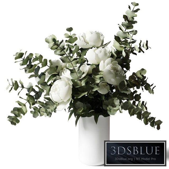Bouquet with eucalyptus and peonies in a white vase