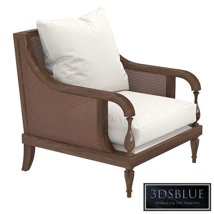 Custom made chair in brown wood, cane back and white cushions