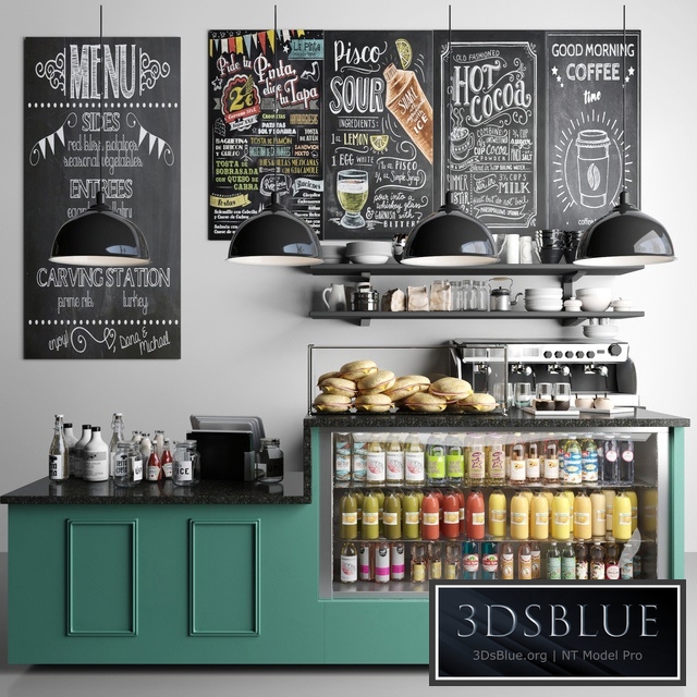 British style cafe with coffee machine and crockery. Showcase with juices