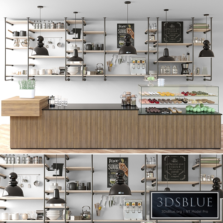 Cafe with shelves and a showcase with desserts and sweets in a loft style