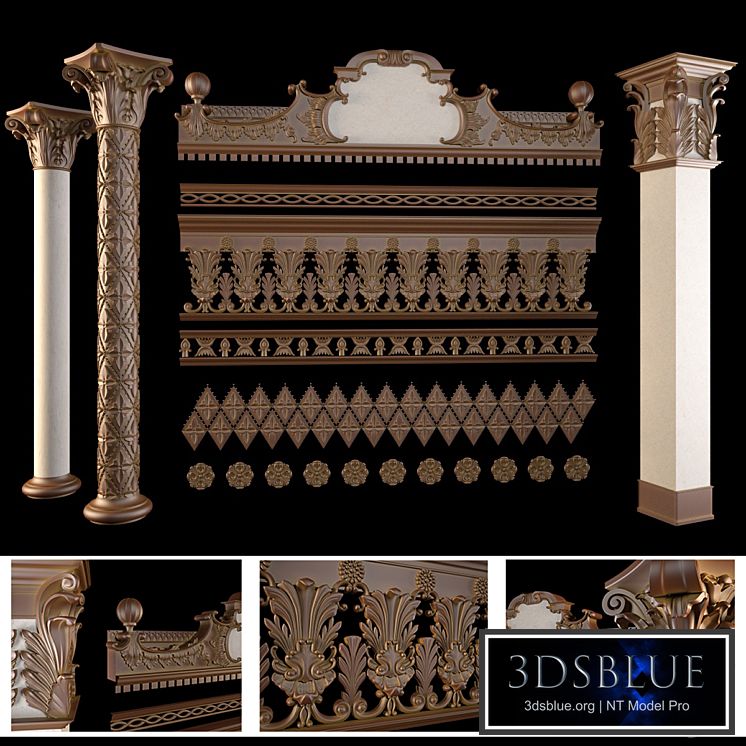 The pediment, columns, friezes