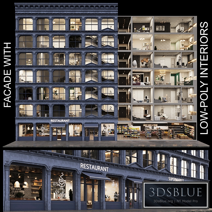 Facade with 20 residential and public low-poly interiors