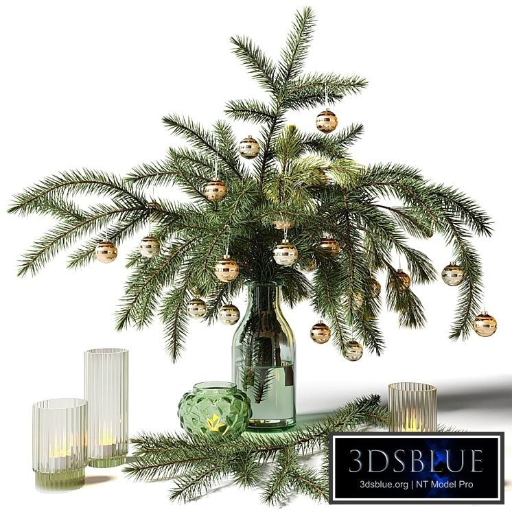 New Year&#39;s bouquet of fir branches in a glass vase