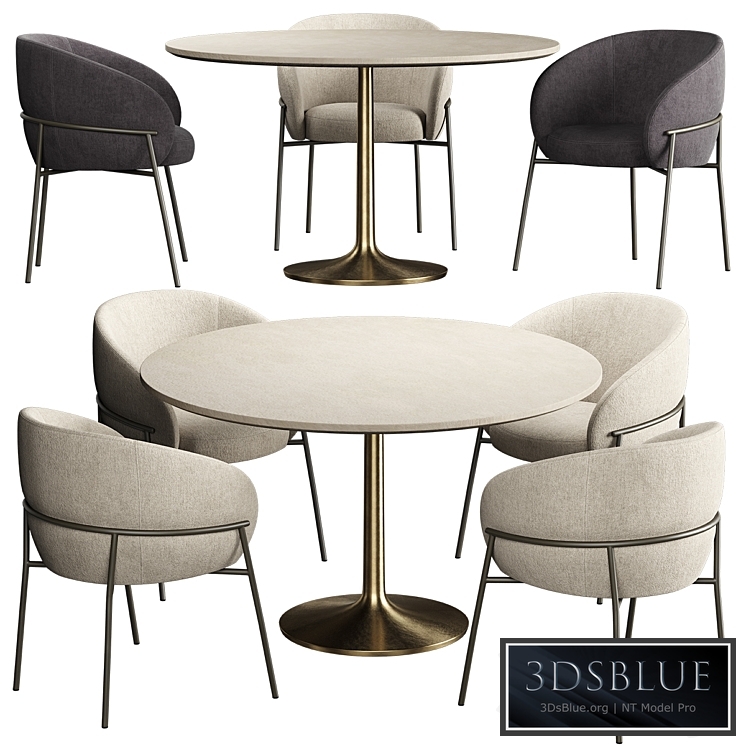 RIMO Chair Brown Marble Dining Table with Brass Base