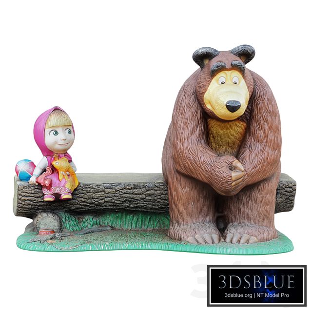 Sculpture of the characters Masha and the bear are sitting on a bench