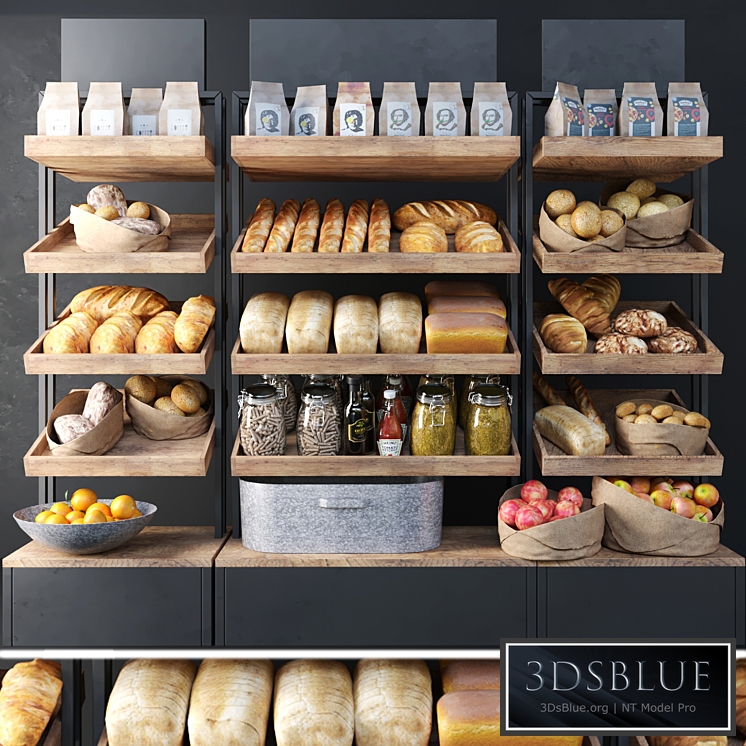 A large showcase in a bakery with bread and other products. Bakery products
