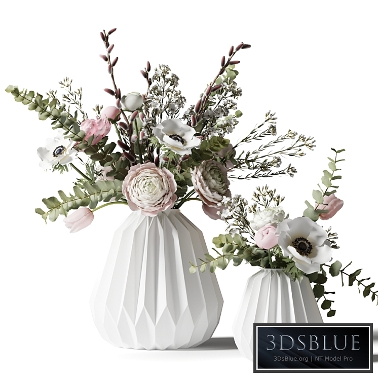 Two bouquets in white ribbed vases