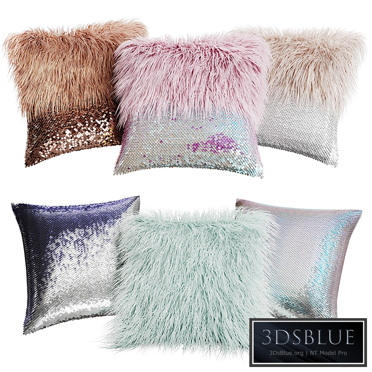 A set of decorative pillows with fur and sequins