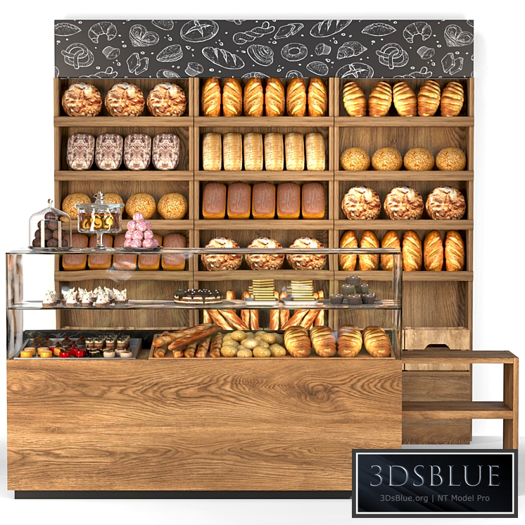 Showcase in a bakery with pastries, desserts and various sweets. Bread