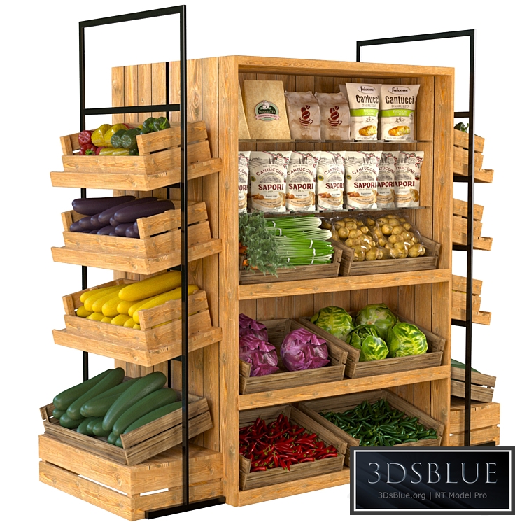 Designer rack in a supermarket with vegetables, fruits and cereals 3