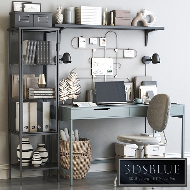 Office and home workplace with IKEA furniture:  BJÖRKBERGET Working chair, Idekulla dark gray KORSMON Note board, with clips, gold RUDSTA Showcase cabinet, anthracite 42x37x155 cm ALEX Writing table, gray-turquoise, 100x48 cm SKURUP Sconce, black