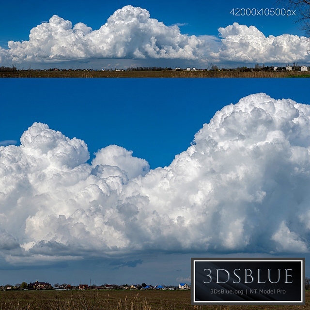 Panorama with beautiful cumulus clouds over the village. 42k