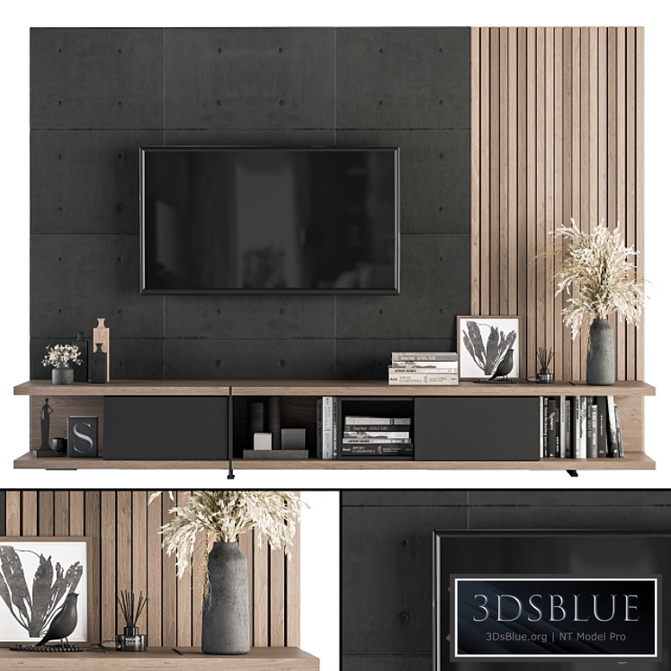 TV Wall Black Concrete and Wood - Set 10
