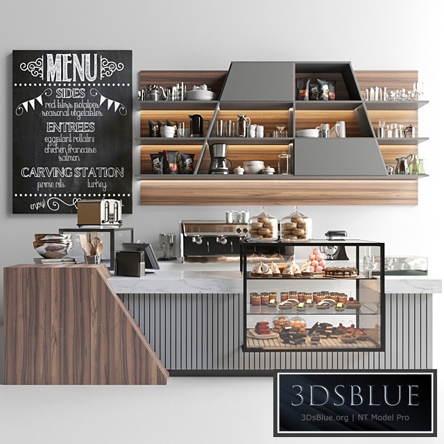 Design project of coffee point in loft style with desserts and sweets. Cafe