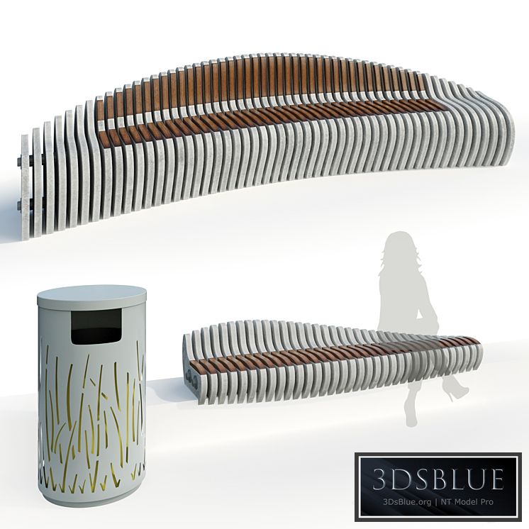Parametric bench 2 options. Trash bin. Urban environment