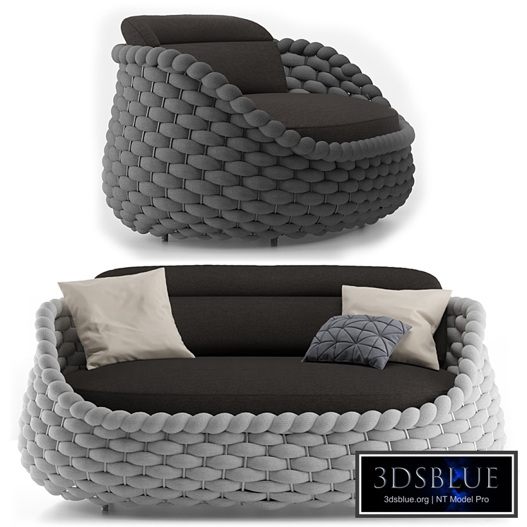 Playful and Elegant Chair and Pouf, Rapunzel by Kenneth Cobonpue, Stirling Rope Woven Patio Sofa Round Arm Loveseat, Rapunzel Kenneth Cobonpue Loveseat, Rope Woven Outdoor Accent Chair.