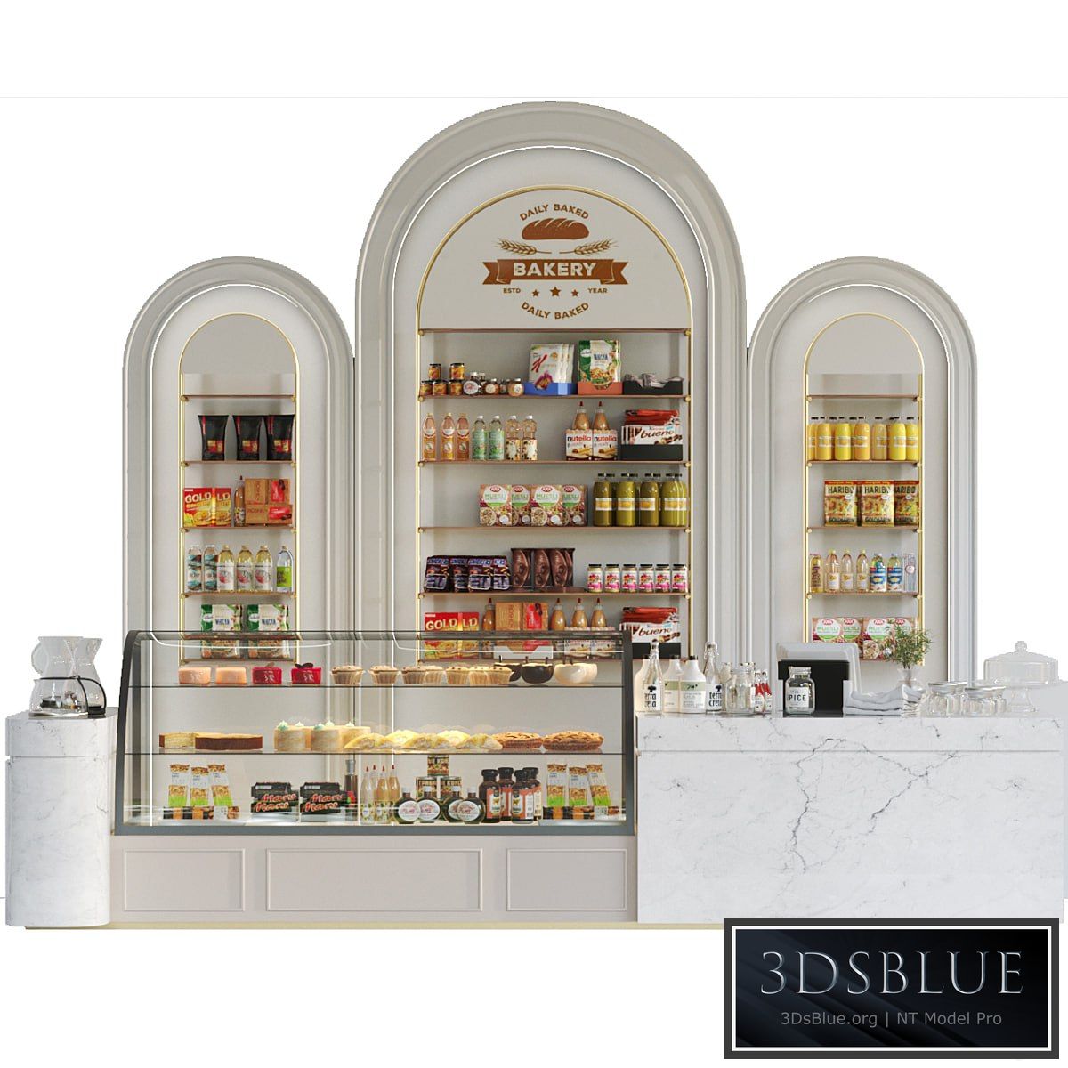 Design project of a coffee house in a classic style with a showcase with desserts and sweets